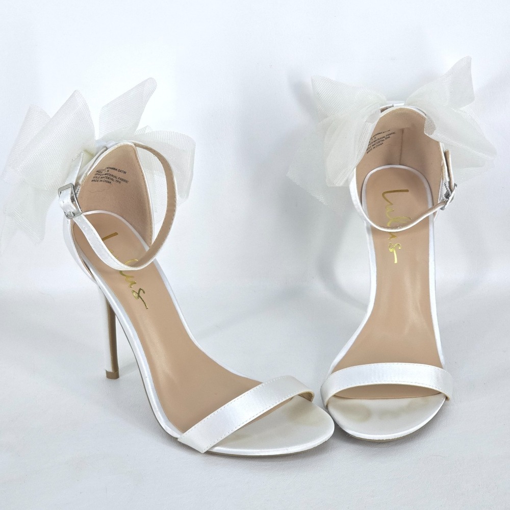 Lulu's Ayanna Satin Bow Ankle Strap Heels Womens 7.5 White Sandals Wedding Shoes